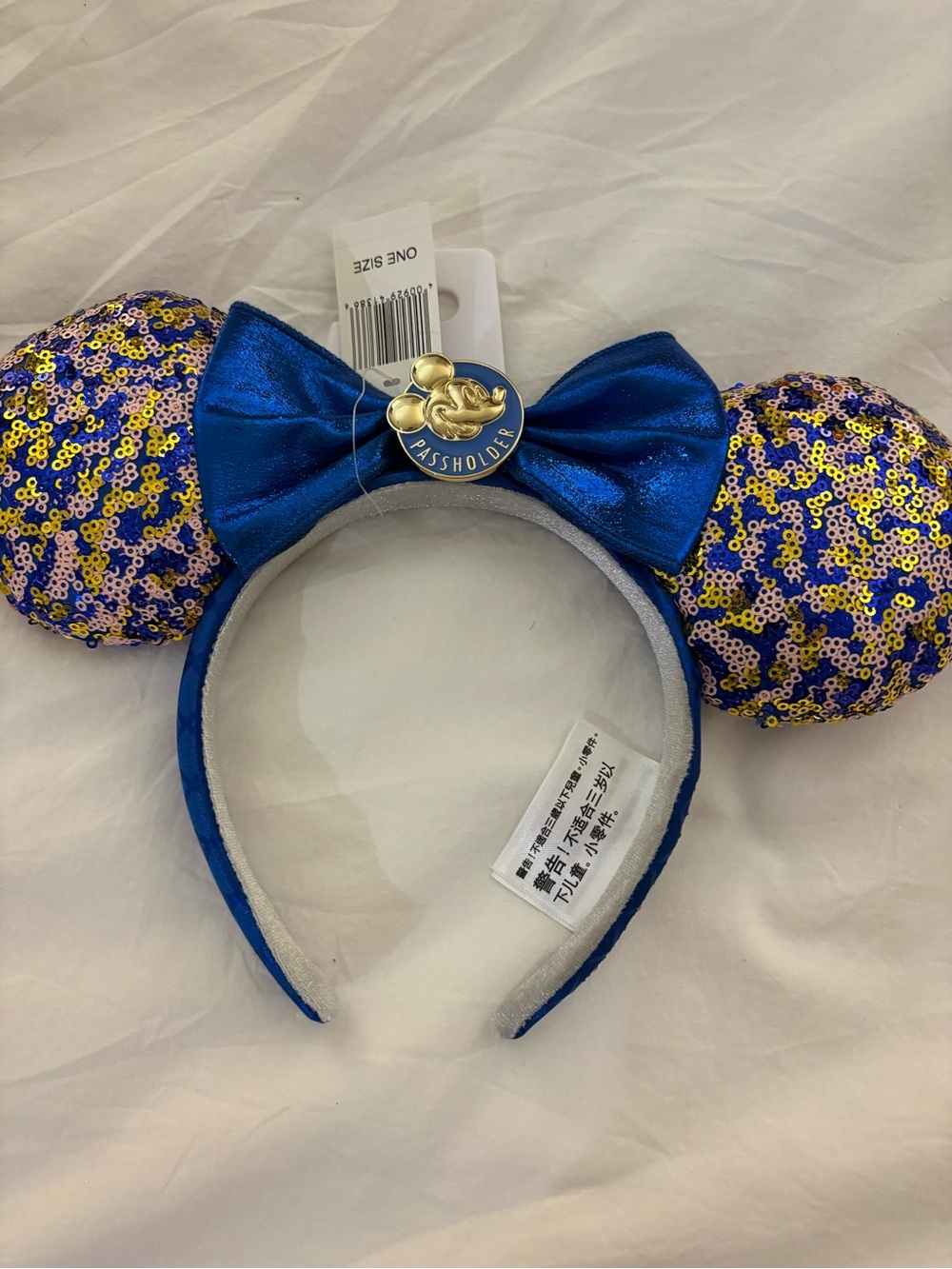 Disney Blue Sequin Minnie Ears Headband with Gold Passholder Pin